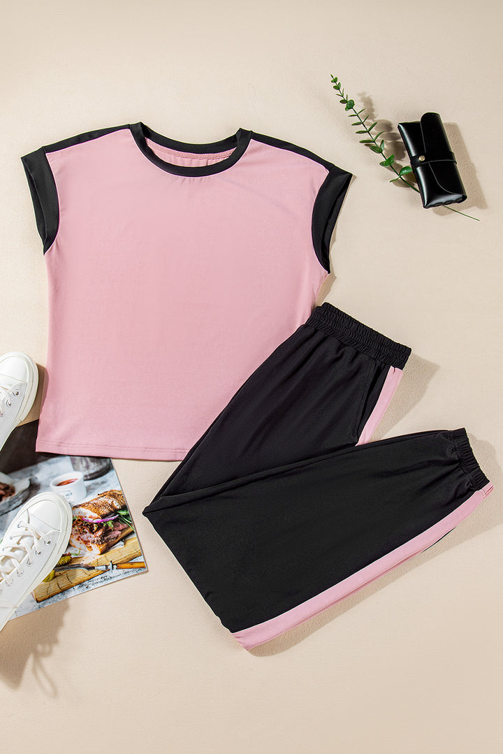 Pink Color Block Trim 2 Tone Contrasted Tank and Pants Set