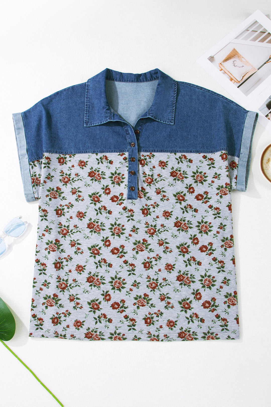 Gray Retro Floral Print Denim Patchwork Plus Size Polo Tee