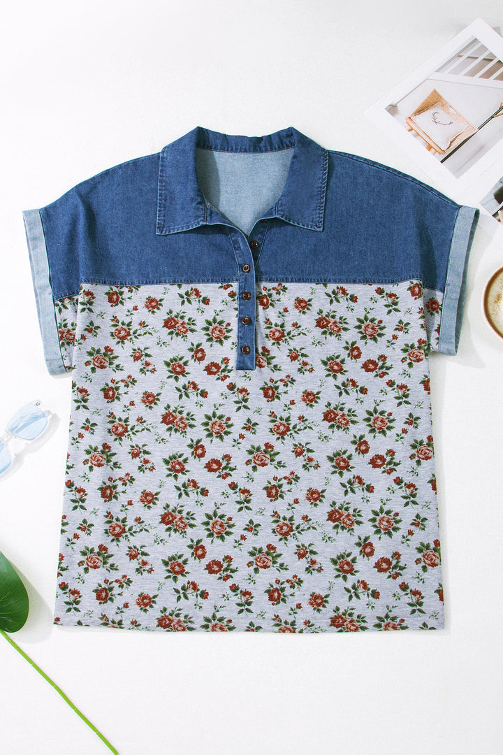 Gray Retro Floral Print Denim Patchwork Plus Size Polo Tee