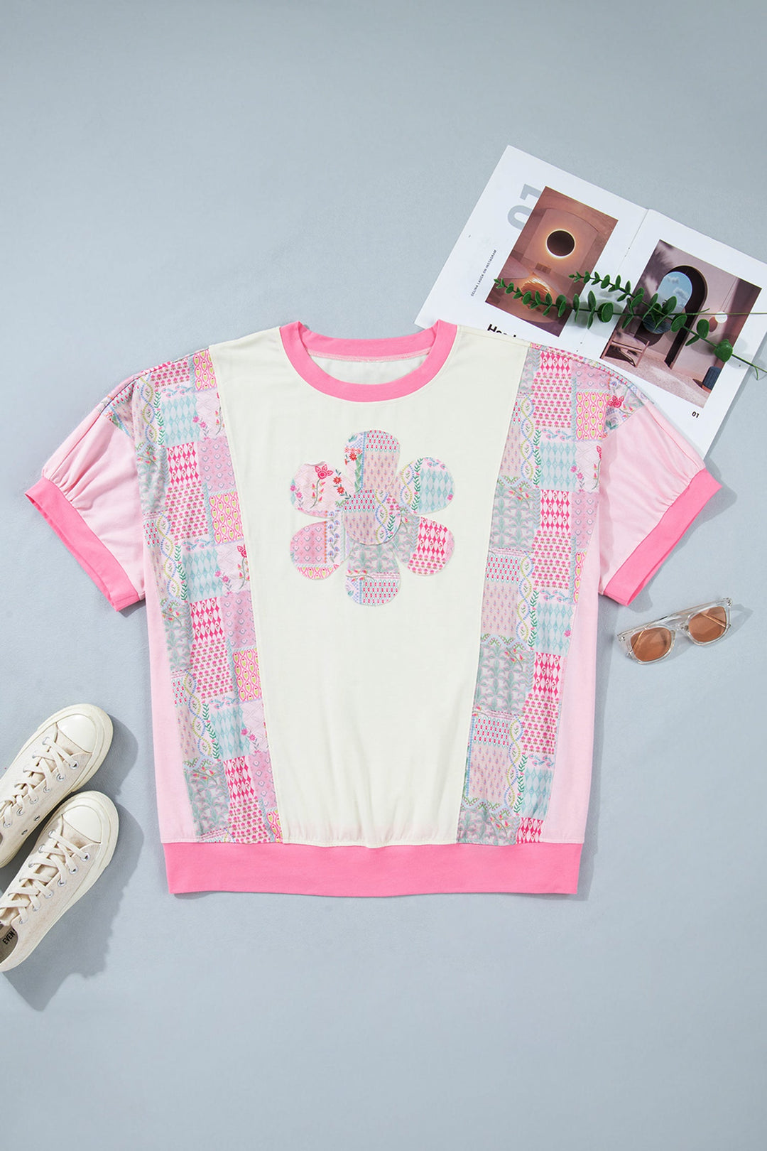 Beige Plus Size Floral Patchwork Short Sleeve Patch Embroidery Cotton T Shirt