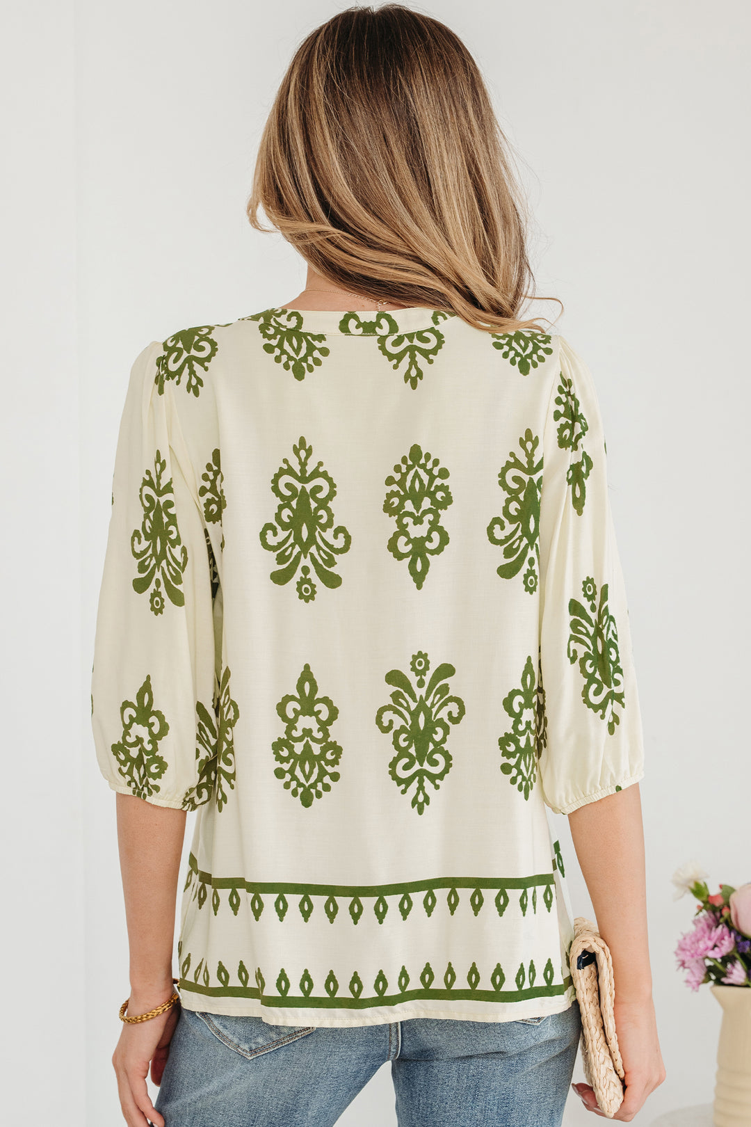 Floral Print Tie V Neck Button Down Puffy Half Sleeve Shirt