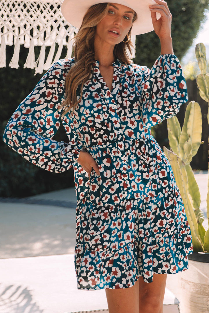Leopard Print Bubble Sleeve Ruffled Shirt Dress