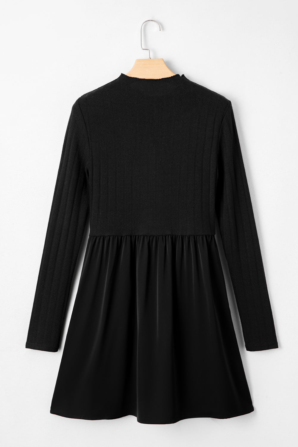 Frilled Neck Ribbed Knit Patchwork Long Sleeve Mini Dress