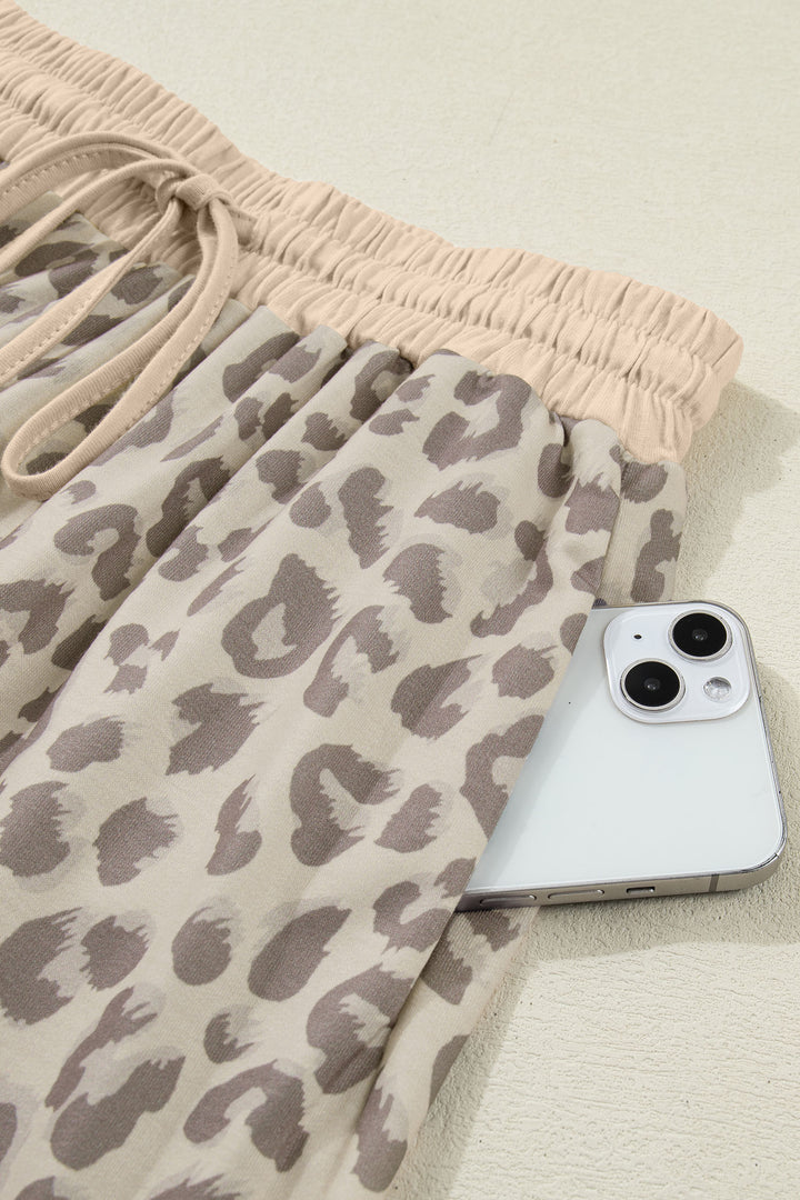 Khaki V Neck Collar Leopard Printed 2pcs Short Set