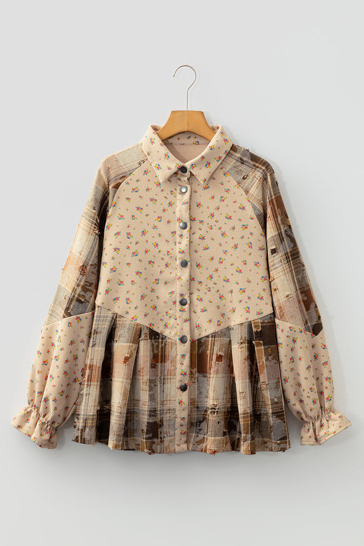 Oatmeal Boho Floral Plaid Patchwork Ruffled Sleeve Waffle Knit Shacket
