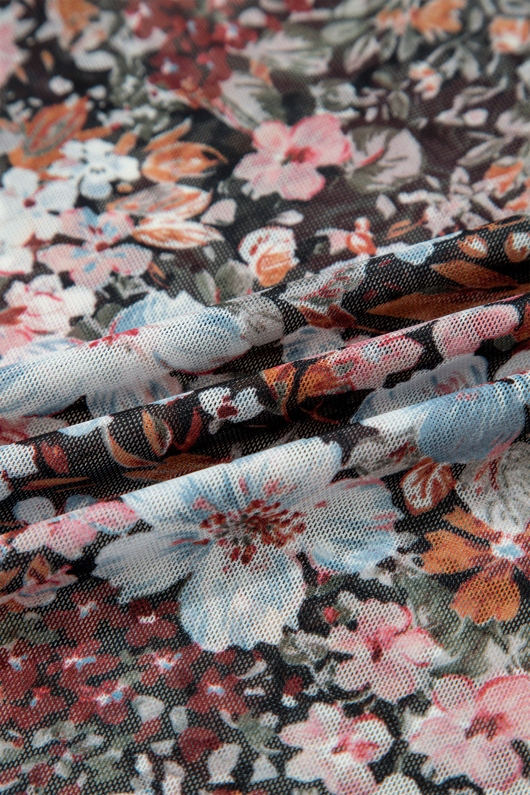 Brown Floral Printed Mesh Short Sleeve Top