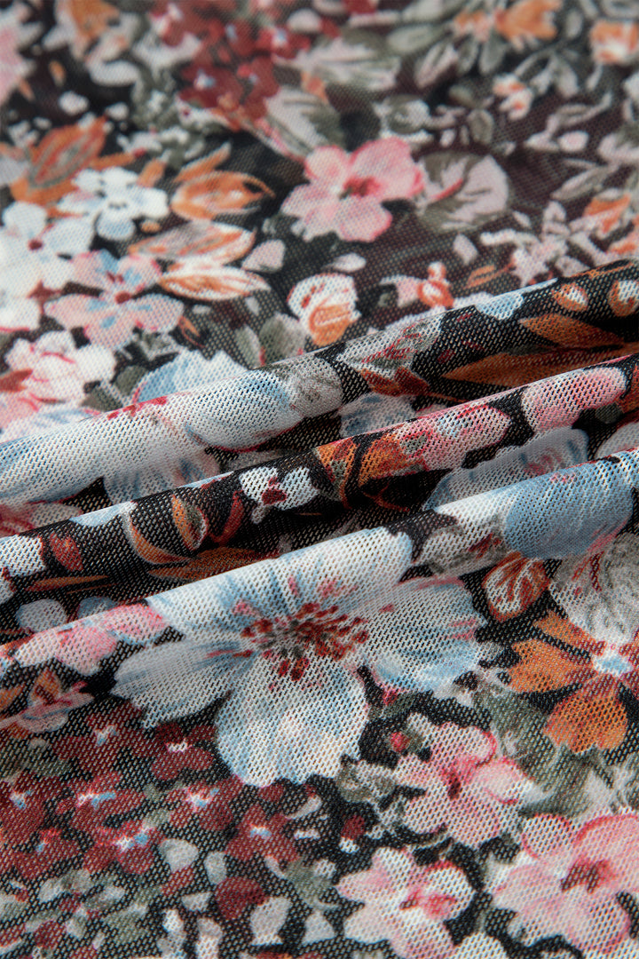 Brown Floral Printed Mesh Short Sleeve Top