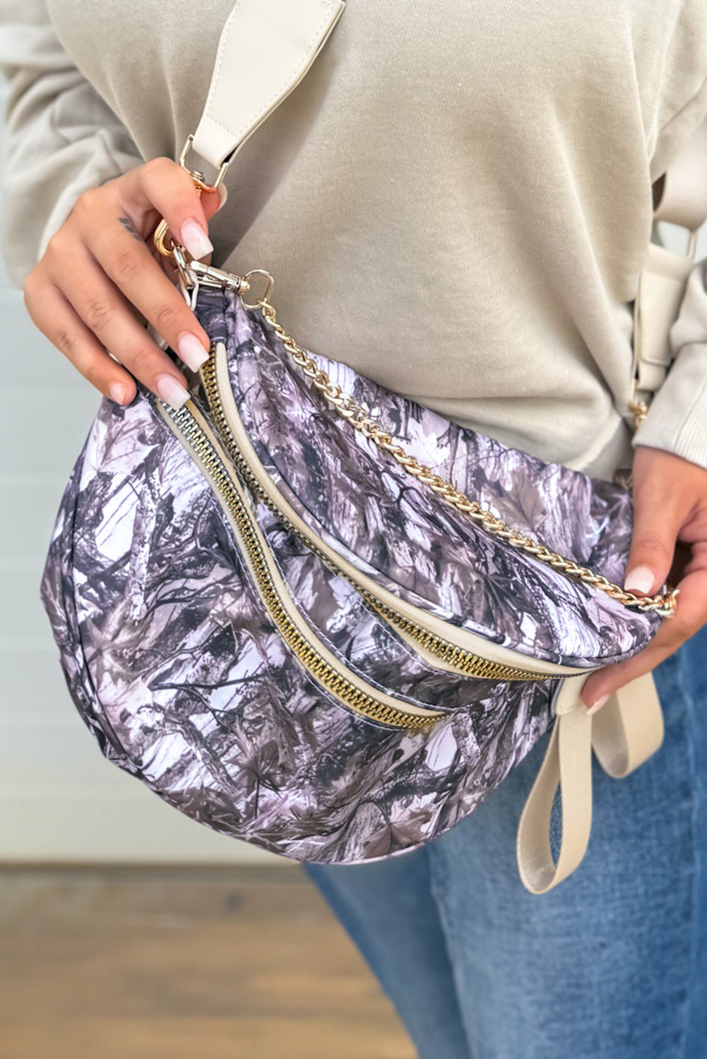 Medium Grey Abstract Print Double Zip Fashion Crossbody Bag