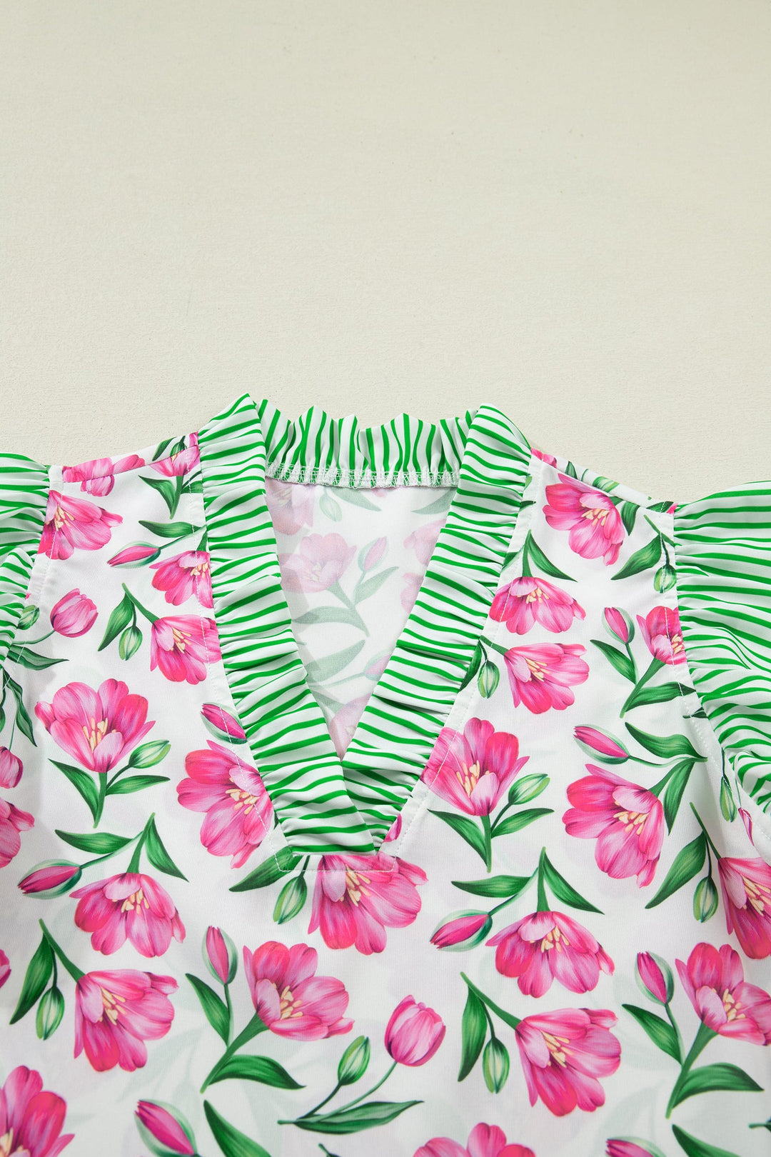 Multicolour Sweet Floral Print Striped Ruffle Trim V Neck Blouse