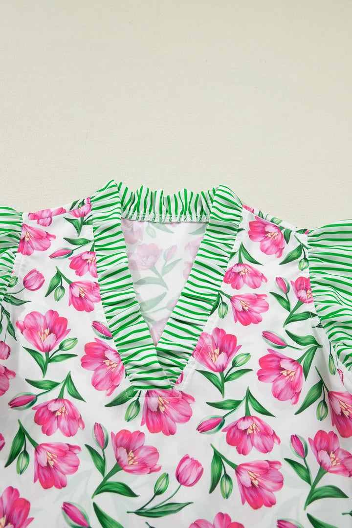 Multicolour Sweet Floral Print Striped Ruffle Trim V Neck Blouse
