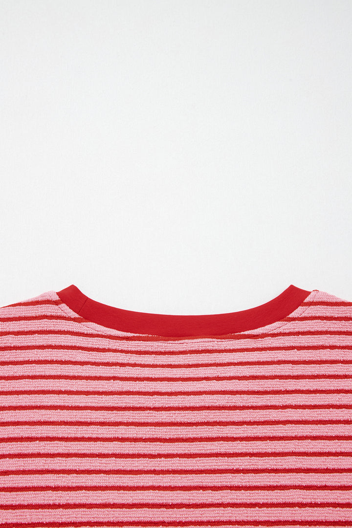 Rose Stripe Crew Neck Tee Drawstring Waist Cropped Pants Set