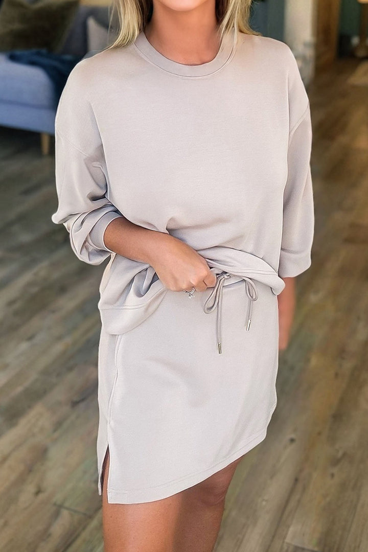 Jet Stream Solid Color Pullover Drawstring Mini Skirt 2pcs Outfit