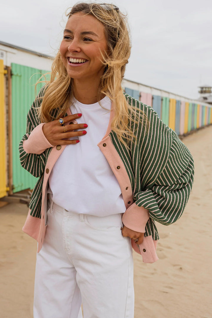 Green Stripe Patchwork Long Sleeve Regular Fit Cardigan