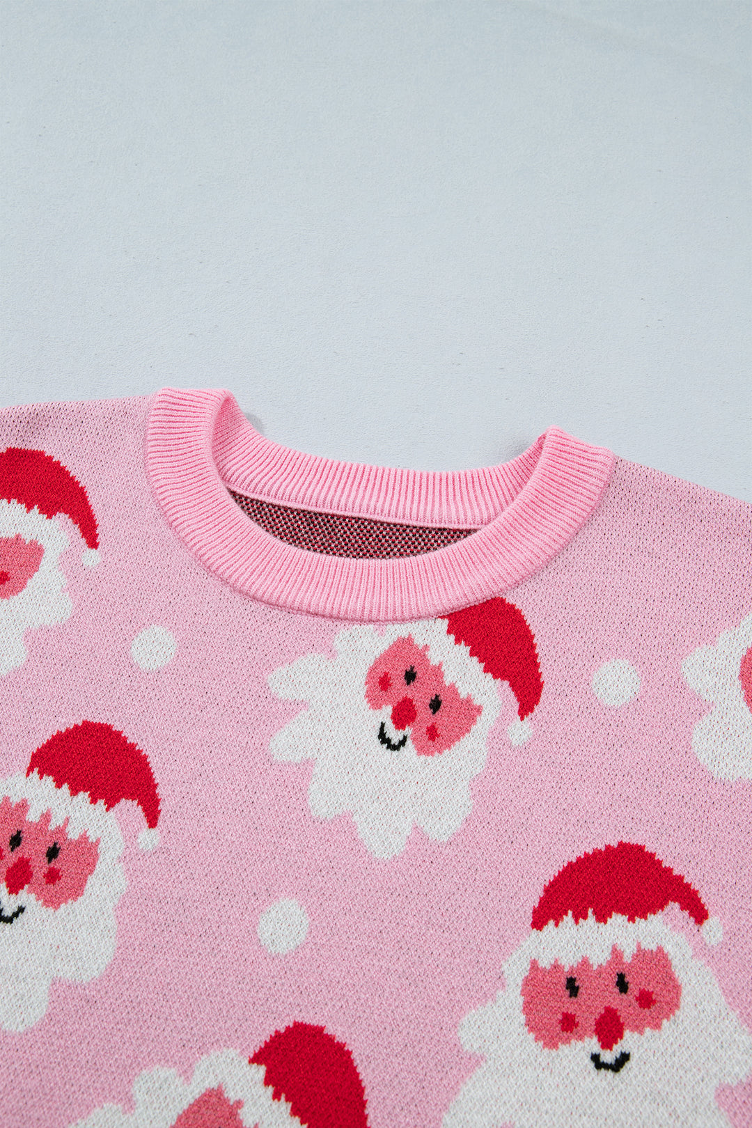 Pink Cartoon Santa Pattern Round Neck Dropped Shoulder Sweater