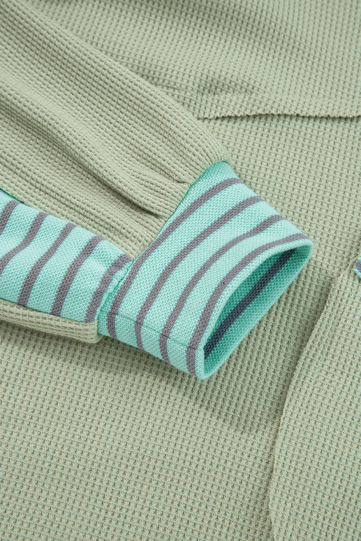 Meadow Mist Green Exposed Seam Waffle Striped Patchwork Baggy Pullover