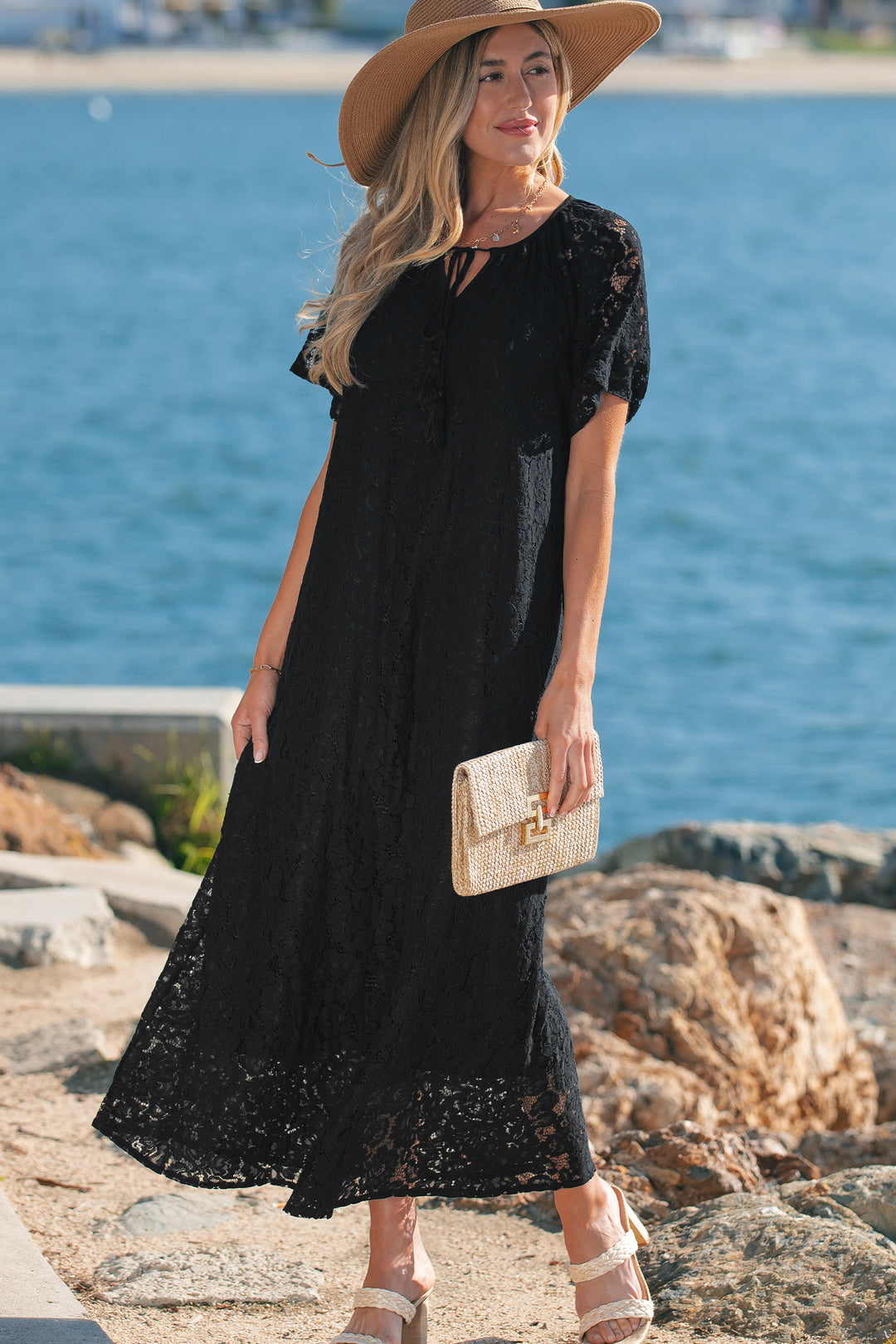 Floral Lace Overlay Tassel Tie Short Sleeve Beach Vacation Loose Maxi Dress