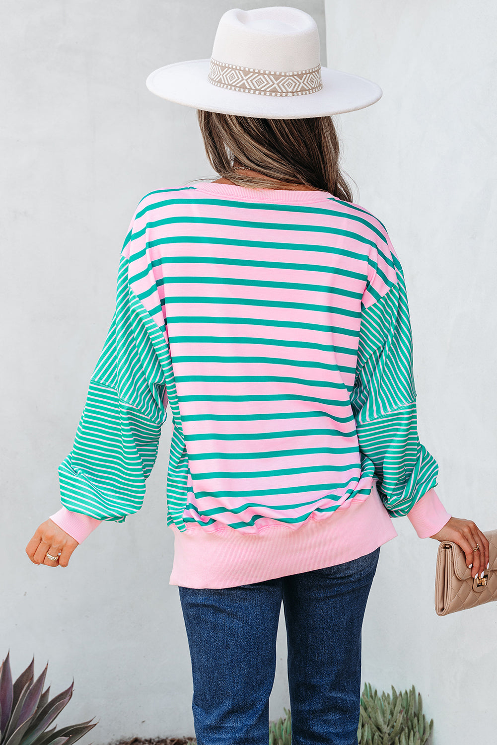 Mix Pattern Color Block Patchwork Side Slit Baggy Sweatshirt