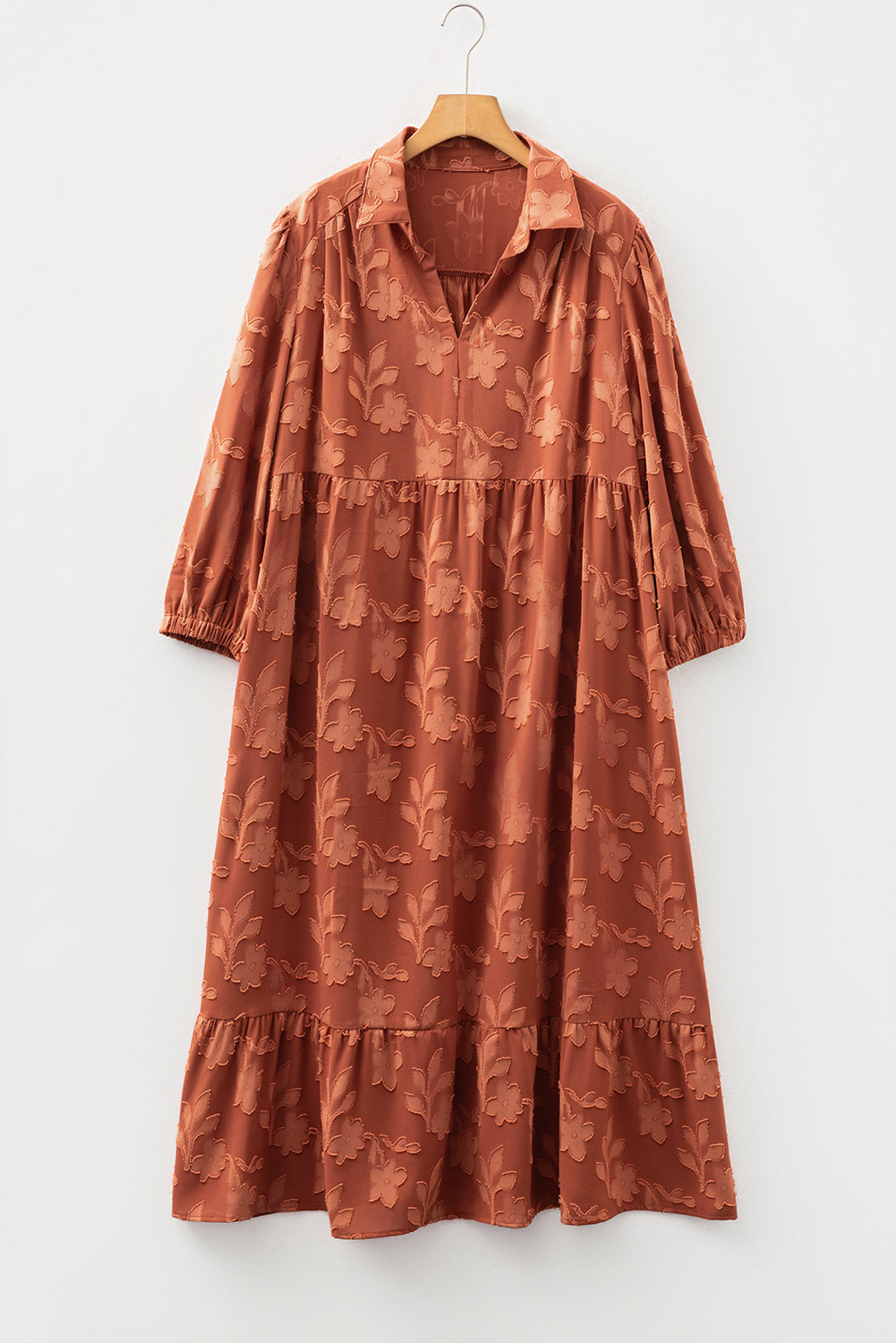 Cinnamon Plus Size Textured 3D Flower Pattern Ruffle Hem Long Dress