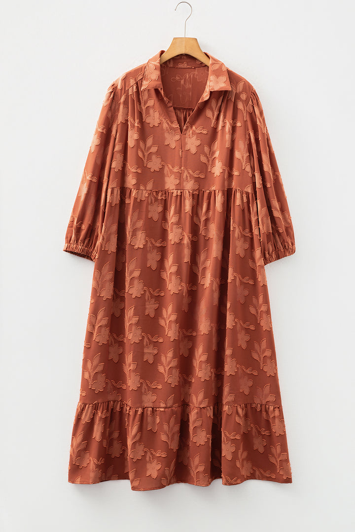 Cinnamon Plus Size Textured 3D Flower Pattern Ruffle Hem Long Dress
