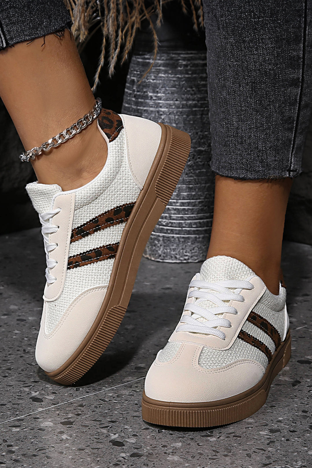 Textured Woven PU Leather Leopard Patchwork Flat Sneakers