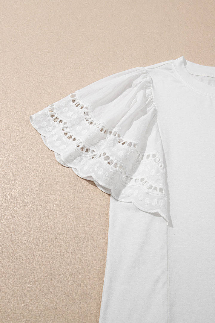 Hollow Out Embroidered Short Sleeve O Neck Top