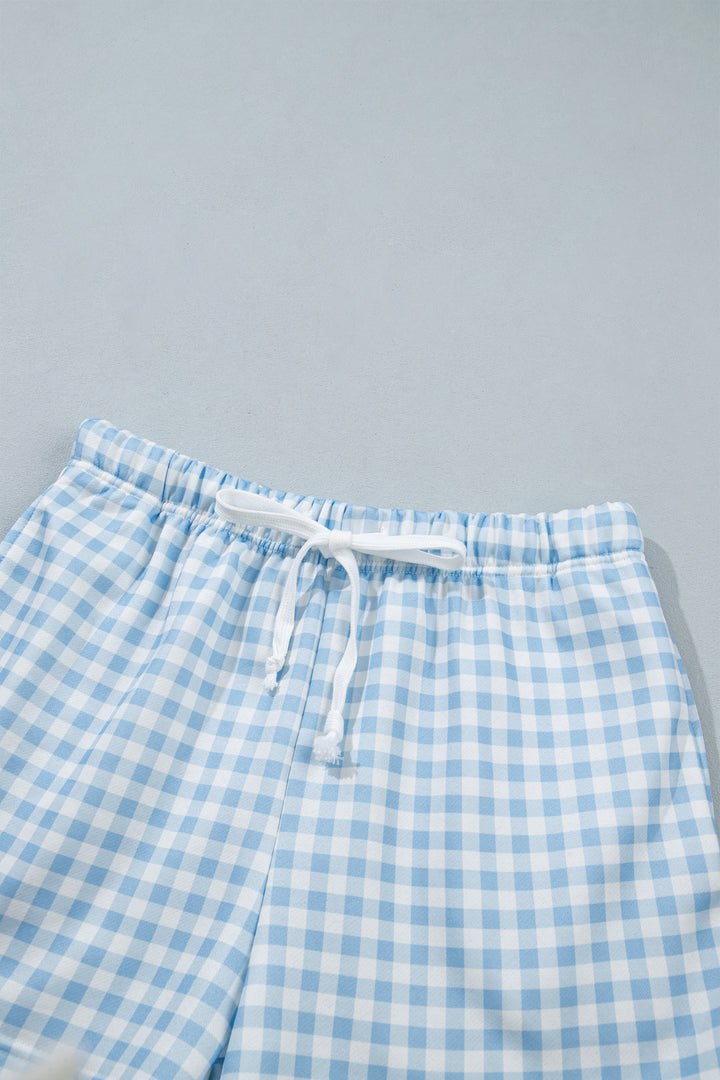 Sky Blue Plaid Baggy Pullover Drawstring Casual Shorts 2pcs Outfit