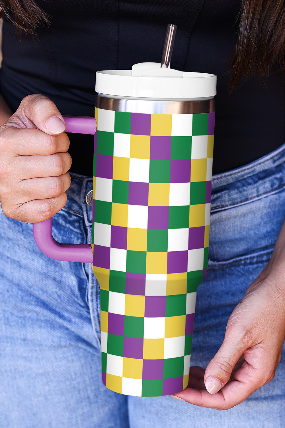 Grande tasse à vide avec poignée à imprimé à carreaux 40 oz