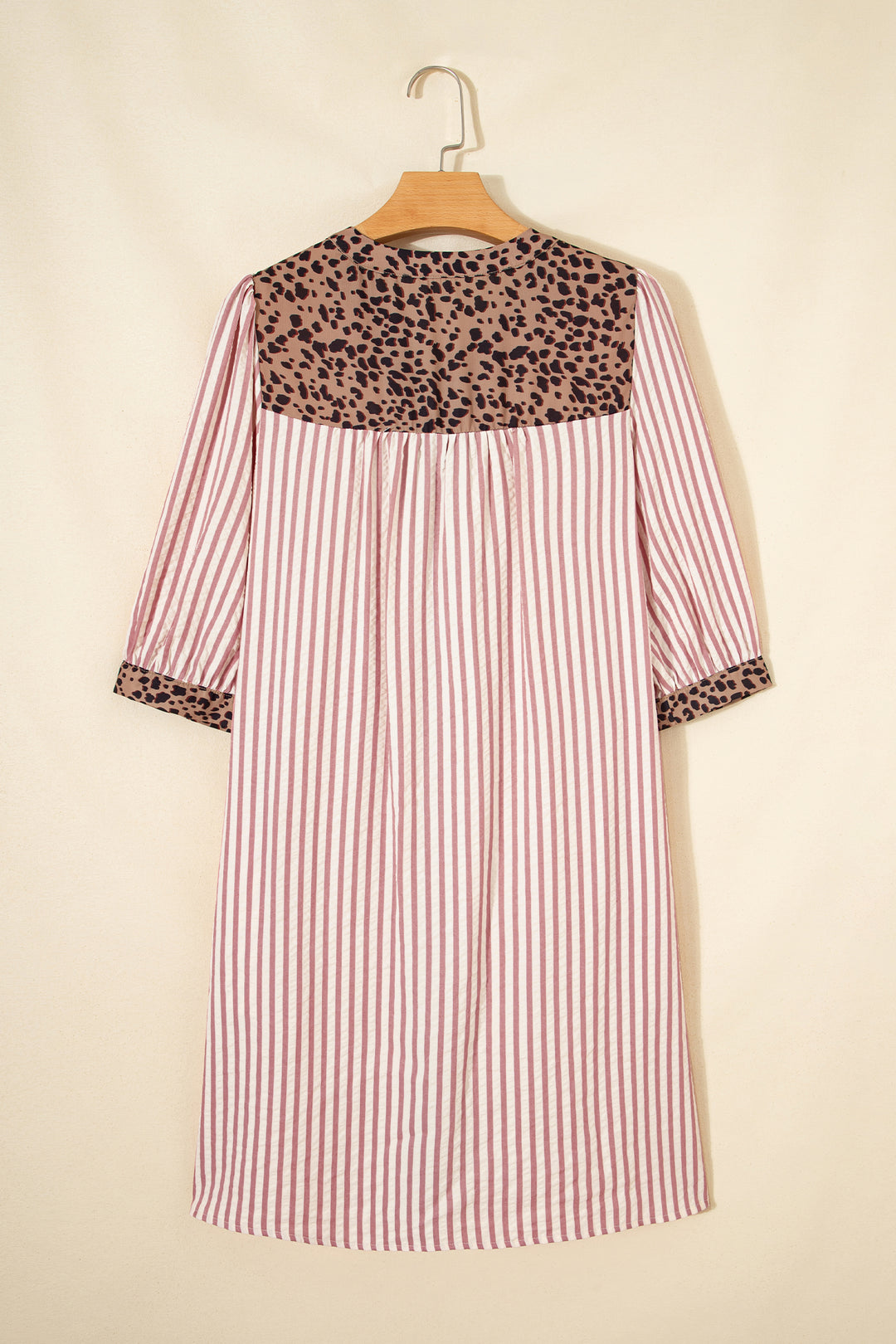 Pink Stripe Square Button Leopard Trim Loose Bracelet Sleeve Shirt Dress