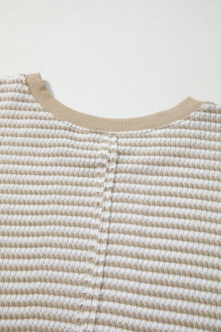 Brown Stripe Breathable Knit Ribbed Trim Plus Size Long Sleeve Top