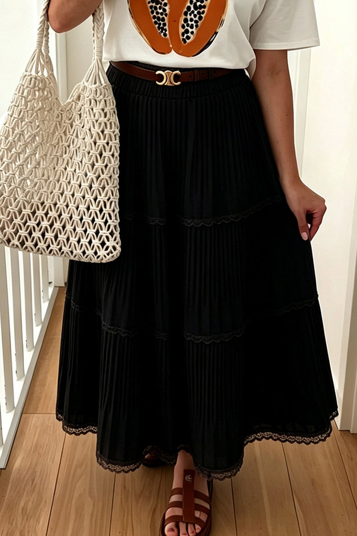 Black Solid Color Pleated Lace Trim Tiered Long Skirt
