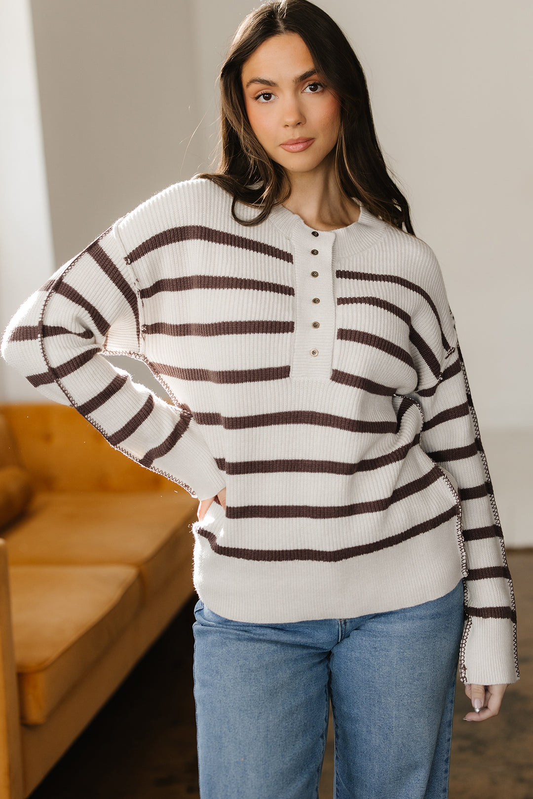 Ribbed Henley Drop Shoulder Slouchy Sweater
