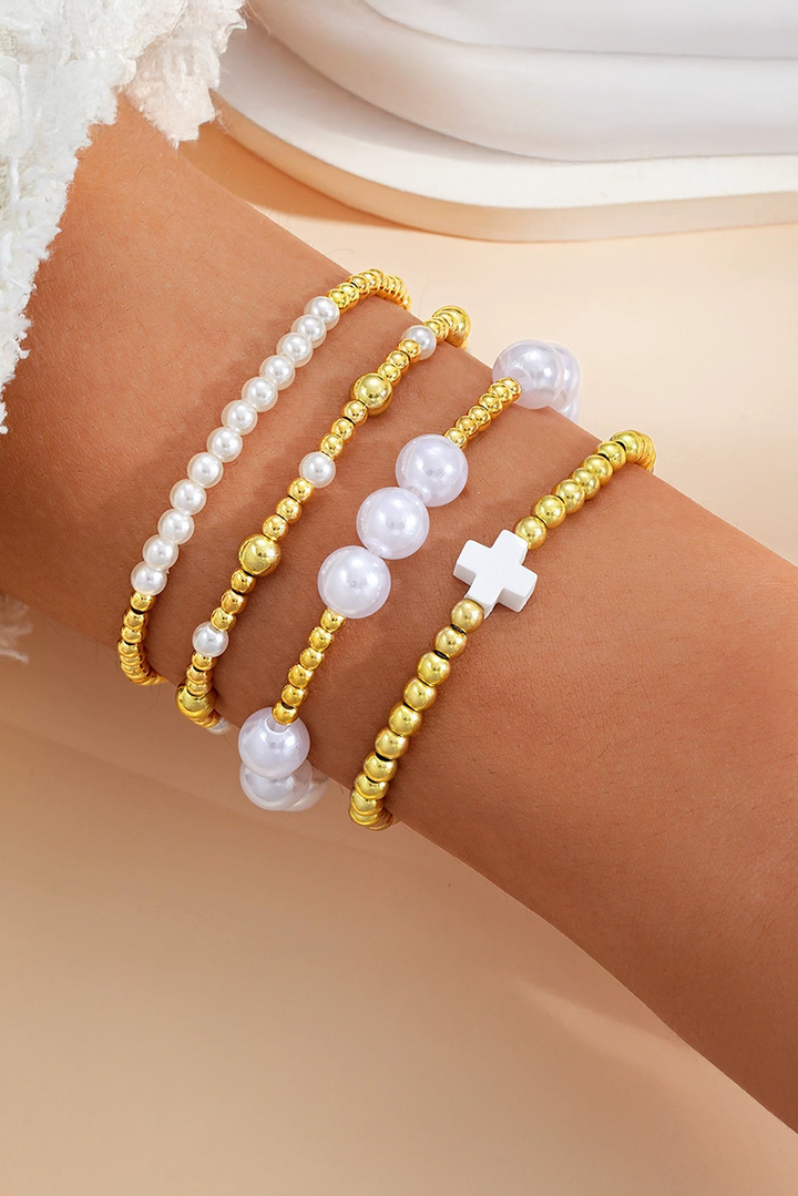 Bracelet extensible multicouche en alliage plaqué perle