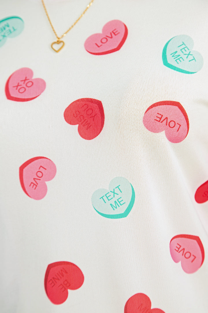 White Sheer Mesh Valentines Slogan Heart Printed Long Sleeve Top