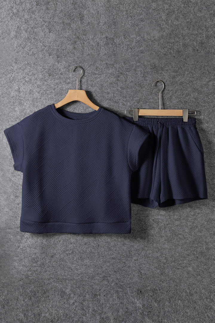 Navy Blue Textured Short Sleeve Top and Shorts Set