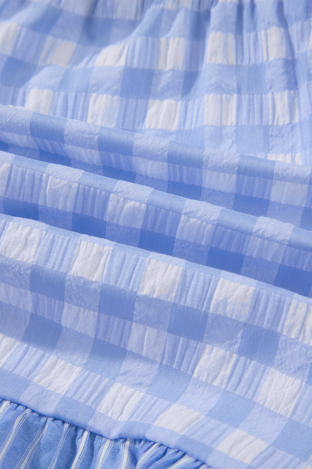Sky Blue Gingham Print Ruffle Striped Detail Lace Tie Shorts