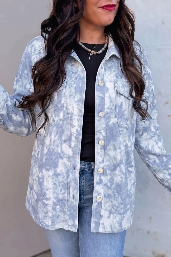 Gray Abstract Print Fuzzy Collar Long Sleeve Patch Pocket Tunic Jacket