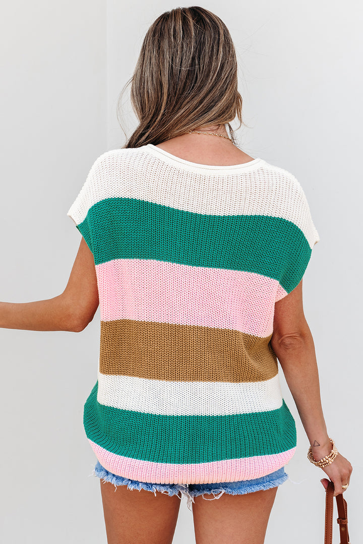 Color Block Notch V Neck Sweater T Shirt