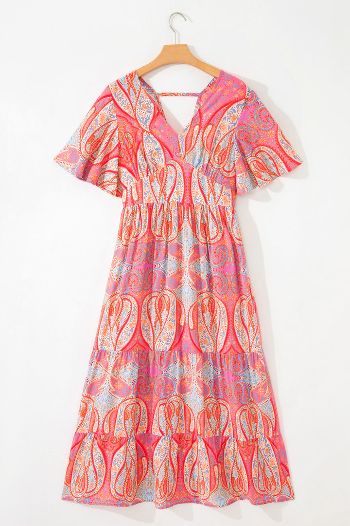 Chic Paisley Print Short Sleeve Boho Maxi Dress with Ruffle Details