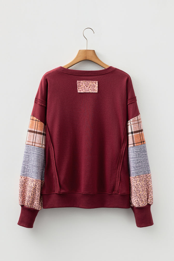 Plaid Colorblock Patchwork Sleeve Raw Seam Sweatshirt