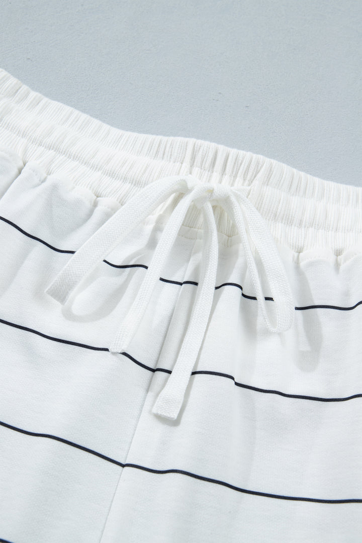 White Stripe Half Sleeve Tee Drawstring Shorts 2pcs Set