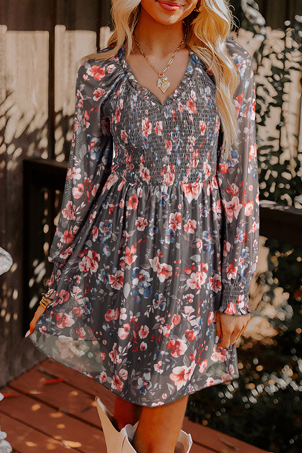 Frilly Smocked Bodice Floral Mesh Long Sleeve Mini Dress