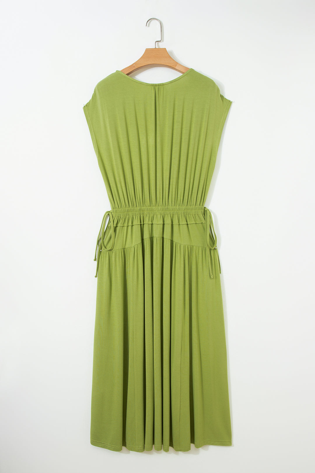 Solid V Neck Cap Sleeve Tunic Elastic Waist Versatile Maxi Dress