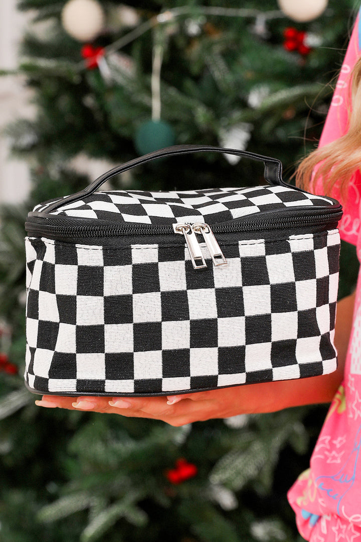 Checkered Zipper Large Cosmetic Bag with Handle