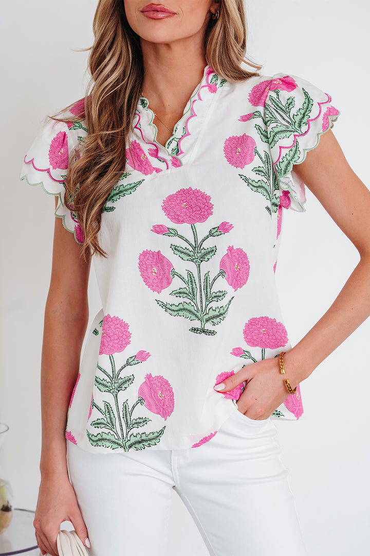 Wild Flower Print Contrast Trim Scallop Detail Short Sleeve Blouse