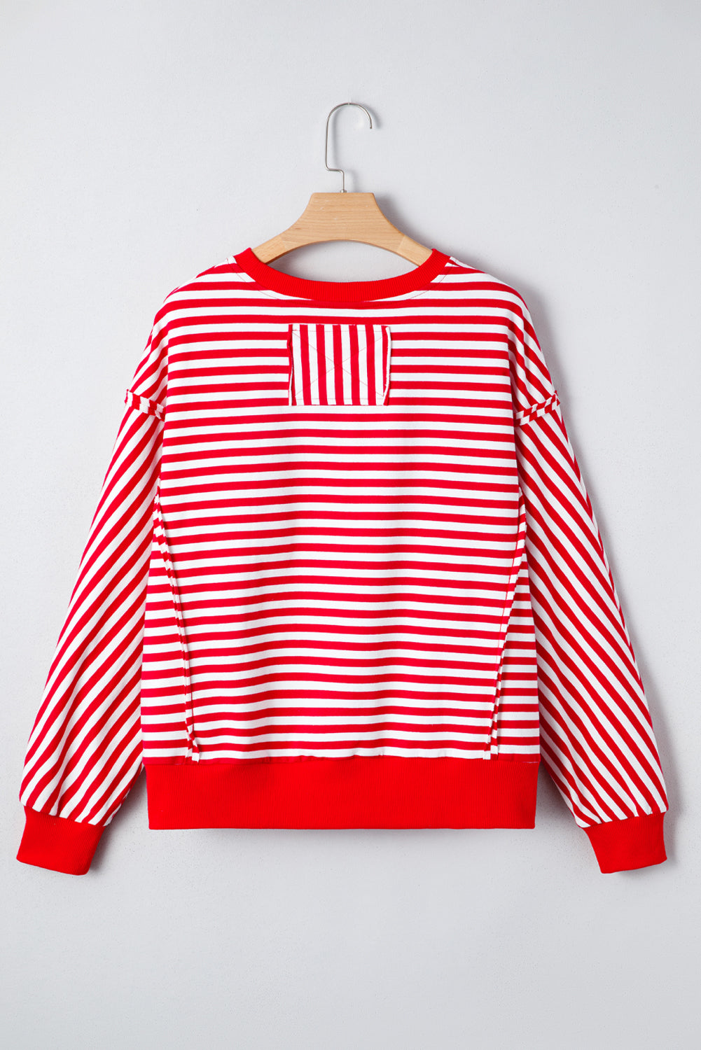 Red Stripe Exposed Seam Cotton Casual Pullover Top