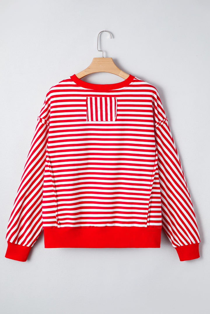 Red Stripe Exposed Seam Cotton Casual Pullover Top