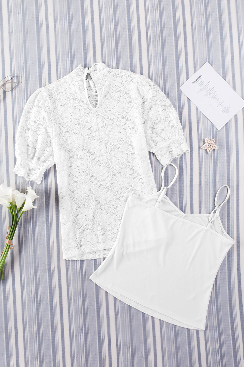 White High Neck Lace Short Sleeve 2PC Blouse
