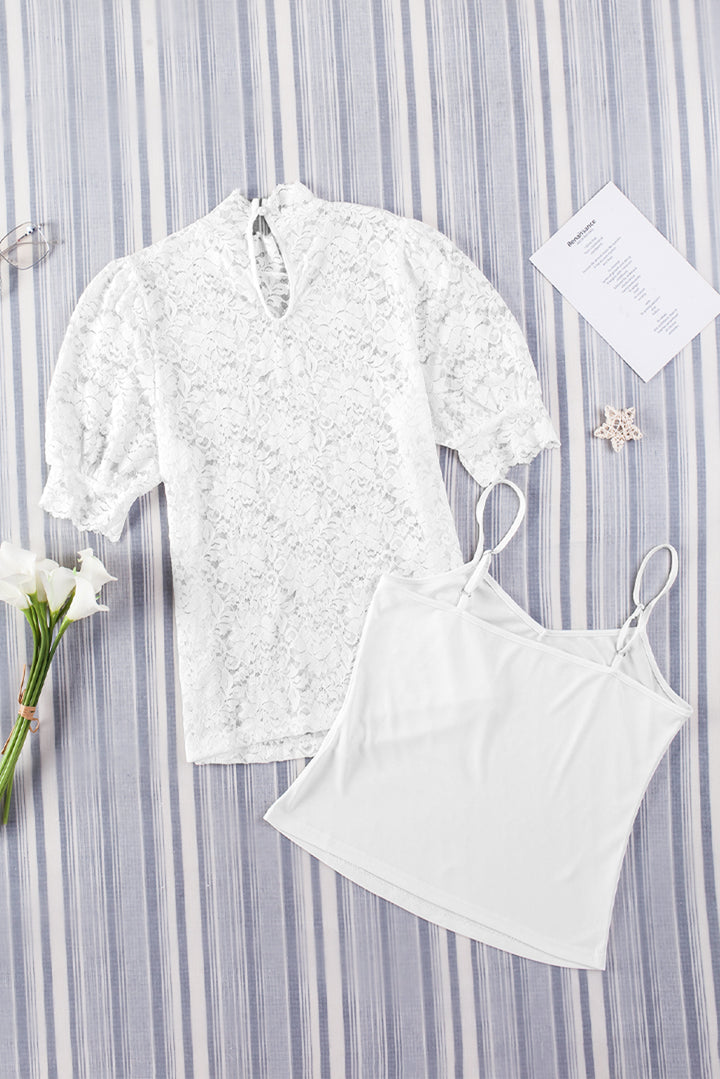 White High Neck Lace Short Sleeve 2PC Blouse