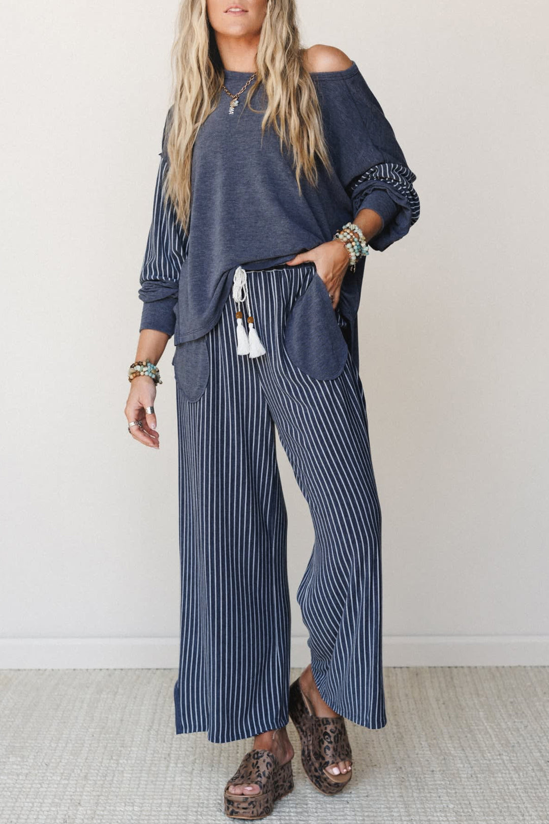 Real Teal Raw Seam Long Sleeve Top Pocket Casual Pants 2pcs Set