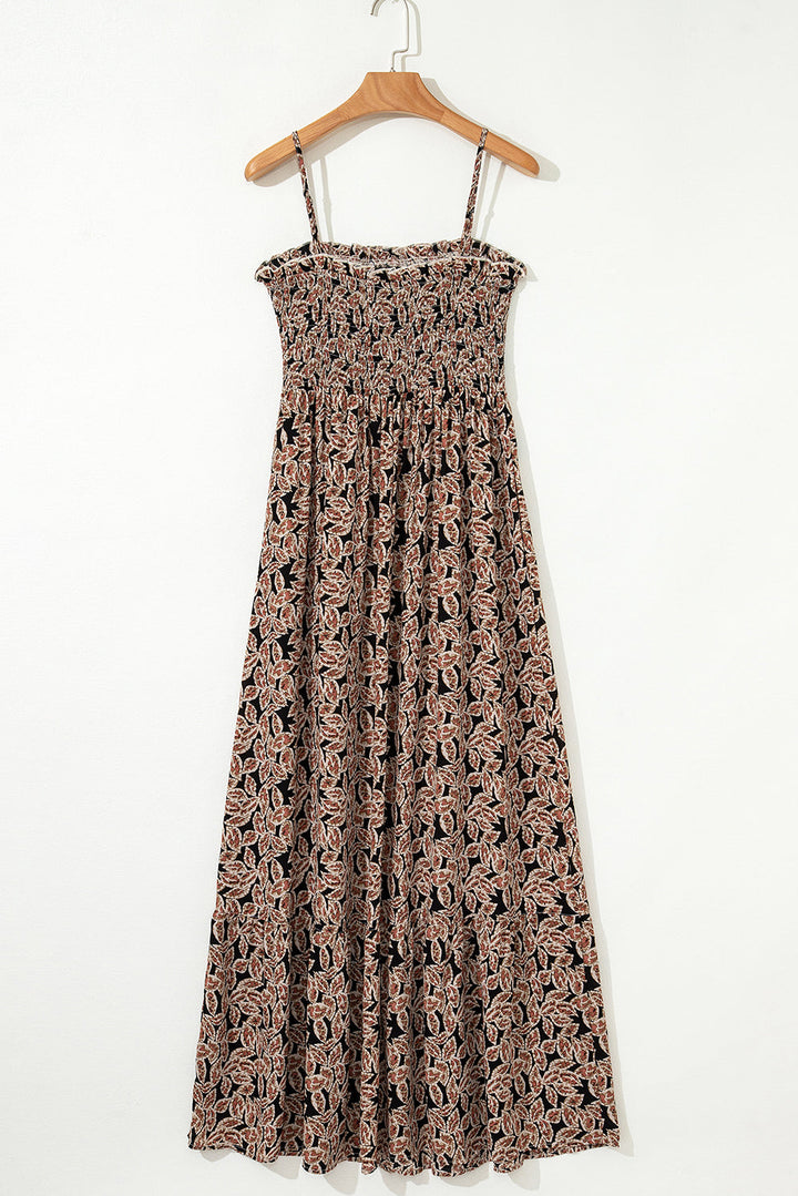floral smocked bodice high waist flowy sun dress